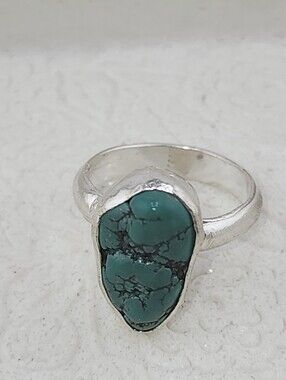 TURQUOISE BOHEMIAN RING HANDMADE IN STERLING RECYCLED METAL SIZE 8 GENUINE STONE